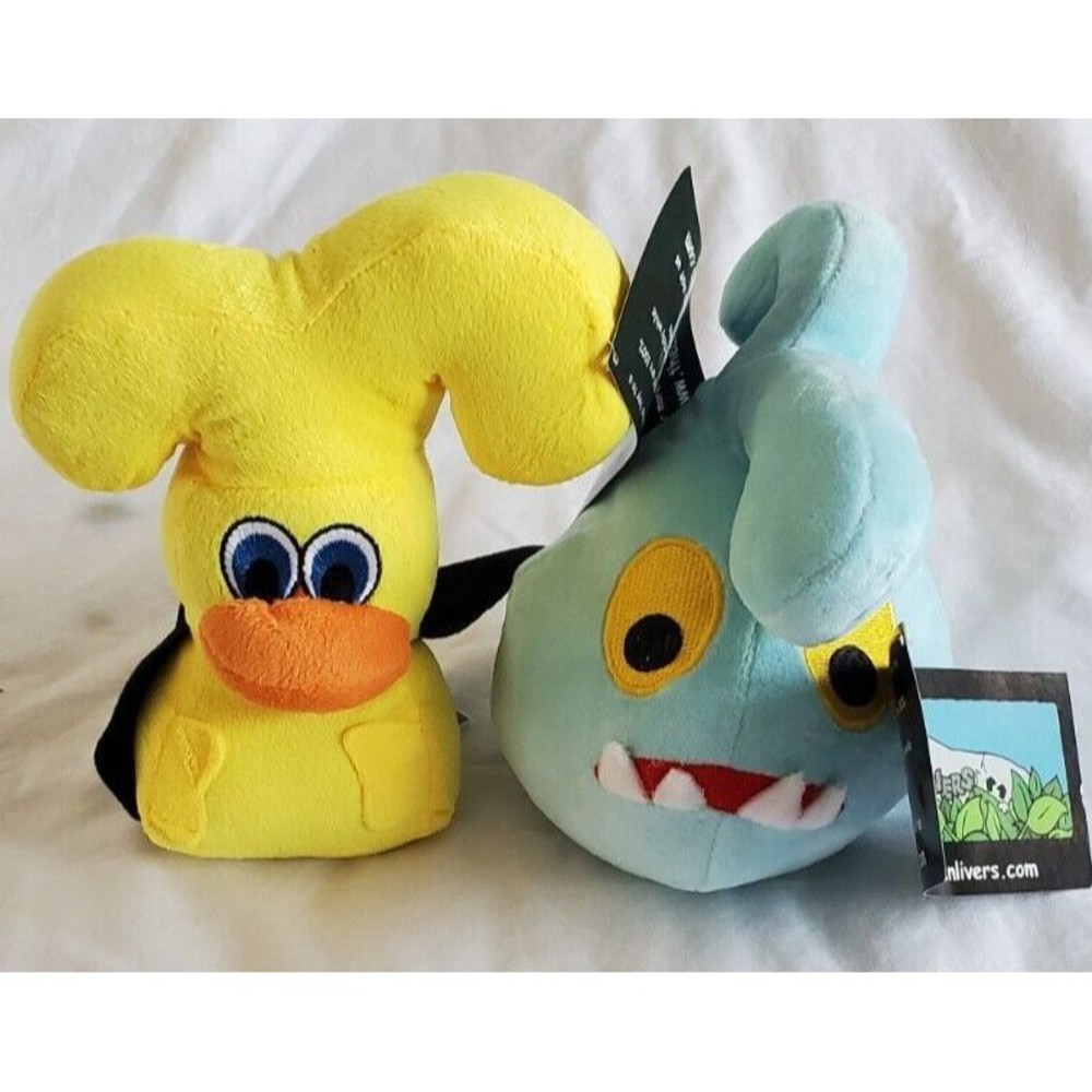 2 CUDDLY CRATE The Chicken Livers Plush Yellow Black Cape Blue Shark Teeth Eyes